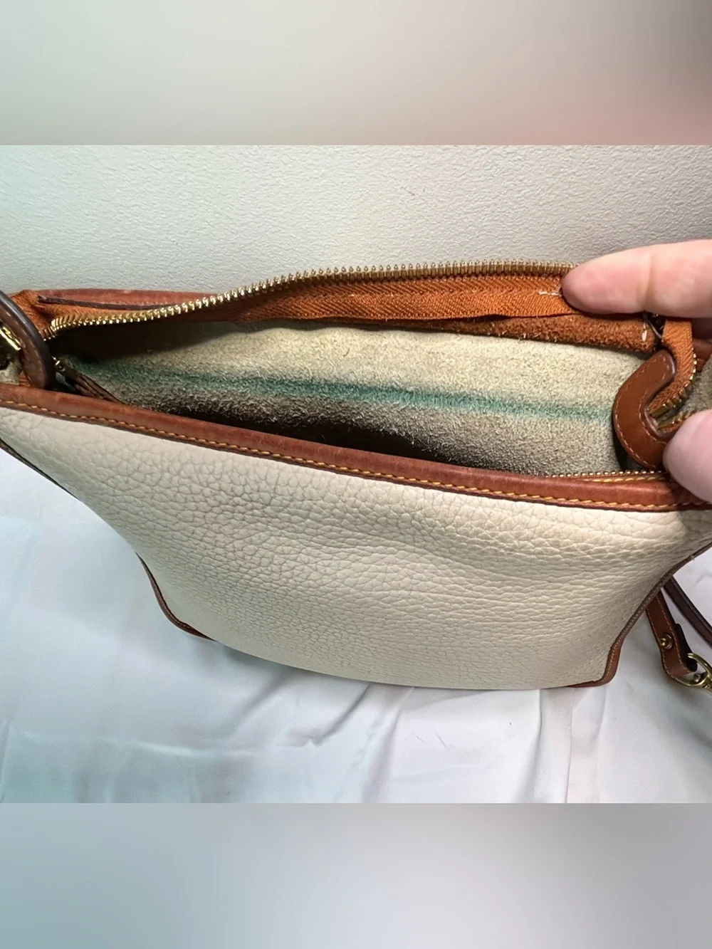 Vintage Dooney & Bourke Suede Interior Cream and Brown Pebble Leather Crossbody
